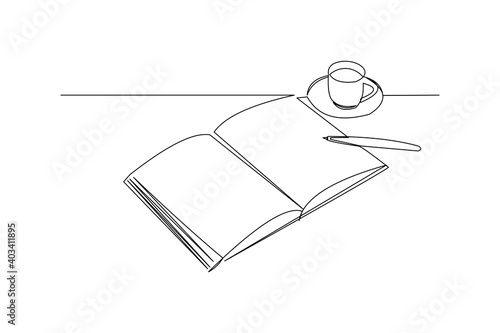 Continuous line drawing of an open book beside a cup of coffee at work desk. Writing draft business concept. Modern single one line art draw design vector graphic illustration