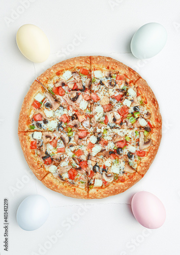 Easter background for greeting card and Easter sale announcement. Easter eggs on watercolor paint paper