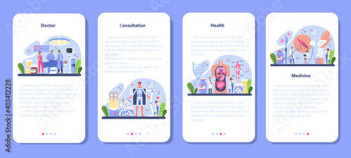 Doctor mobile application banner set. Healthcare, medicine treatment, expertize