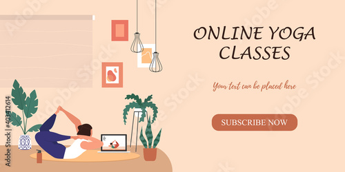 A girl in her room is doing yoga or exercises, watching videos online on a laptop at home. Online lesson or classes in yoga studio with instructor banner, landing page. Vector illustration