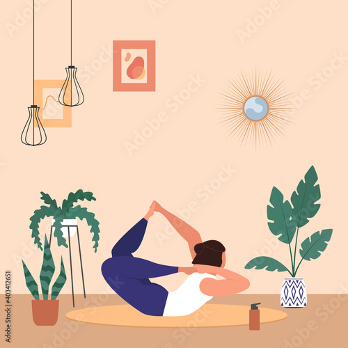 A woman practices yoga, meditating. Yoga classes while quarantined during the coronavirus COVID-19. Vector flat illustration.