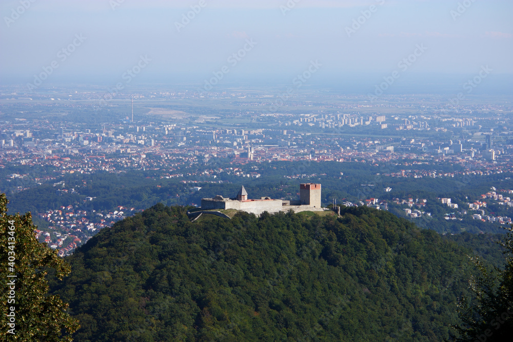 Medvedgrad, an old castle with Zagreb in the background