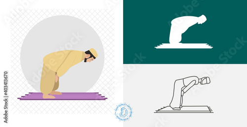 Muslim man prays. namaz isolated flat icon. line, solid islamic design element