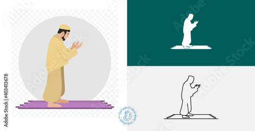 Muslim man prays. namaz isolated flat icon. line, solid islamic design element