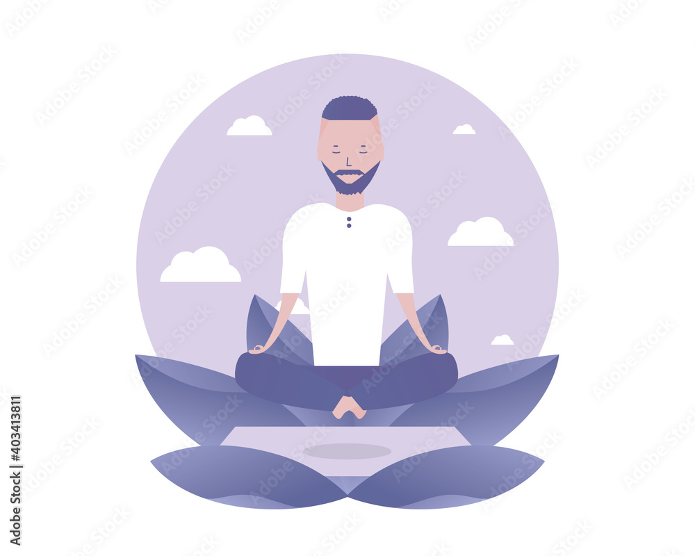 A man meditate and levitate. Vector illustration for telework, remote working and freelancing, business, start up, social media and blog
