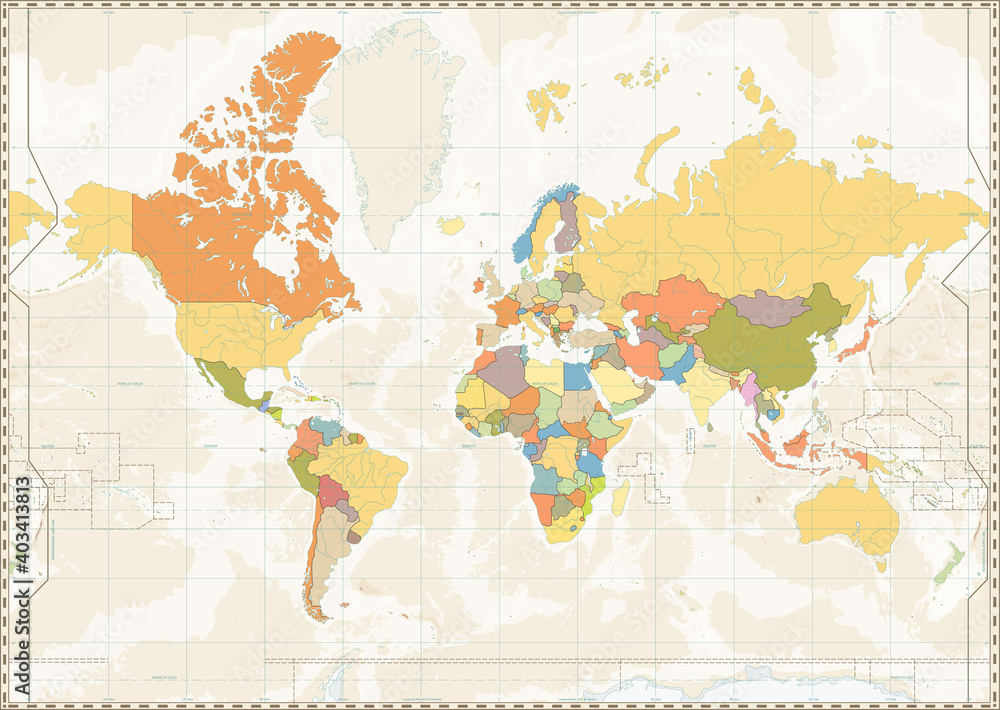 Blank World Map retro color with lakes and rivers