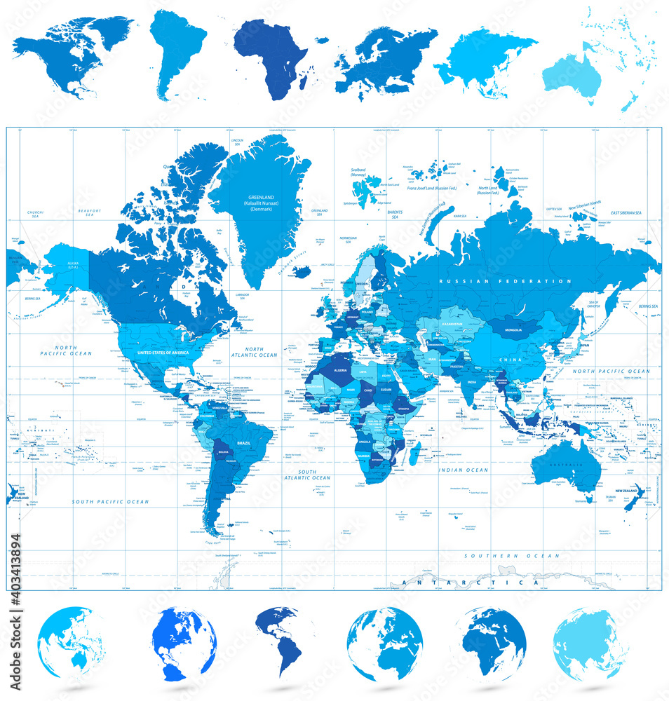 Obraz premium World Map in colors of blue and continents