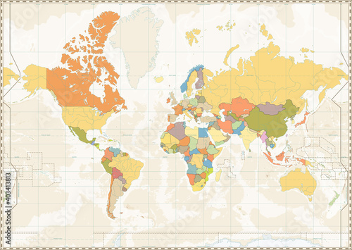 Blank World Map retro color with lakes and rivers
