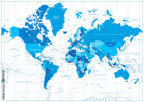 World Map in colors of blue isolated on white