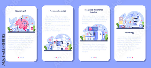 Neurologist mobile application banner set. Doctor examine human brain.