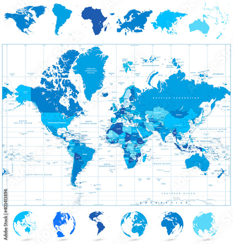 World Map in colors of blue and continents