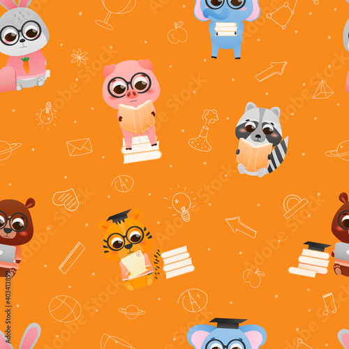 Seamless pattern with cute animals reading books on orange background with hand drawn doodle elemets in school theme, educational illustration