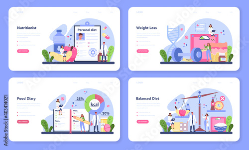 Nutritionist web banner or landing page set. Nutrition therapy with healthy food