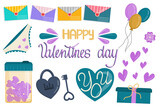 Vector set of elements for February 14 - Valentines Day isolated on a white background in cartoon style. Lettering, hearts, postal envelopes for the design of postcards and valentines