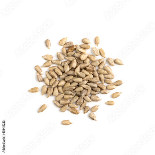 Pile sunflower seeds isolated on white background top view