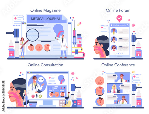 Otorhinolaryngologist online service or platform set. Idea of ENT doctor