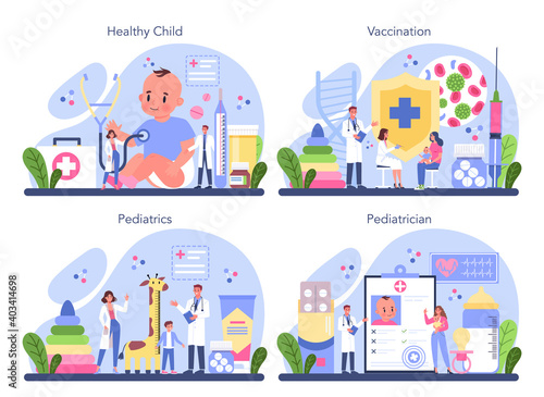 Pediatrician concept set. Doctor examining a child with stethoscope.