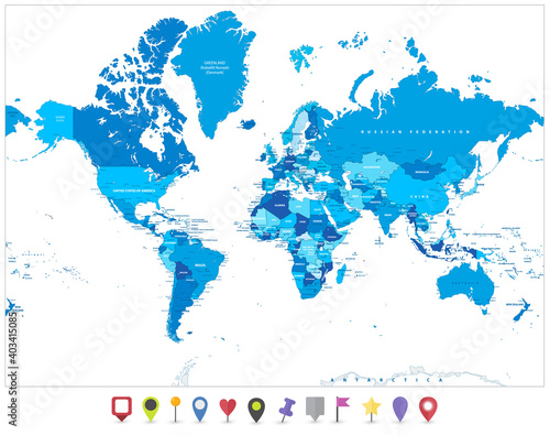 World Map in colors of blue and flat map pointers