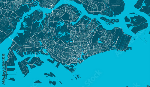Detailed map of Singapore city, linear print map. Cityscape panorama.