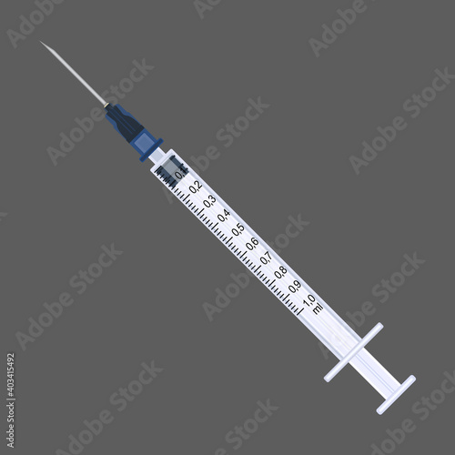 Disposable 1ml syringe. Realistic image. Vector illustration on a dark background.