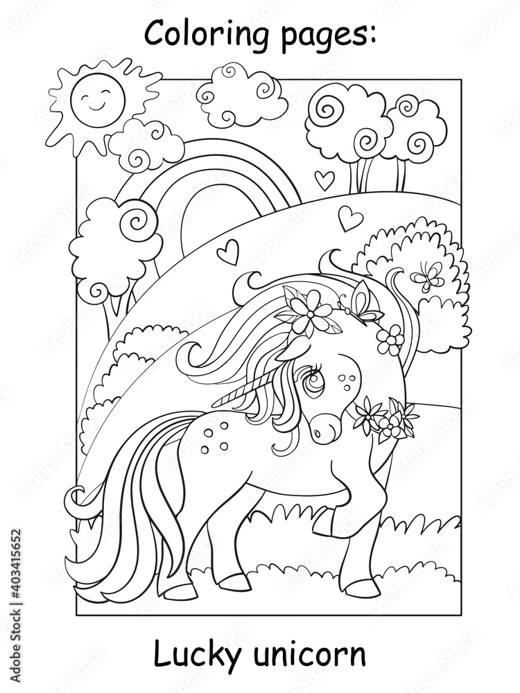 Cute summer unicorn with butterfly coloring vector Stock Vector | Adobe ...