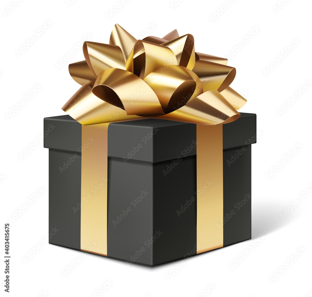 Decorative black gift box with golden bow isolated on white for black friday sale design. Vector illustration Decorative black gift box with golden bow isolated on white for black friday sale design. Vector illustration