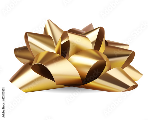 Decorative festive gold bow with realistic shadow isolated on white. Christmas and New Year decoration. Vector stock illustration.	