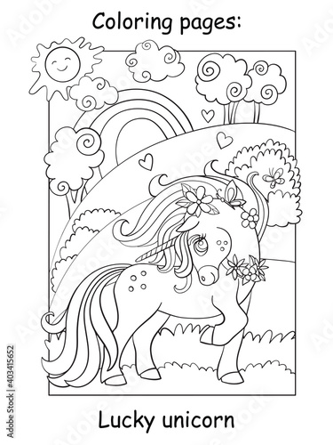 Cute summer unicorn with butterfly coloring vector