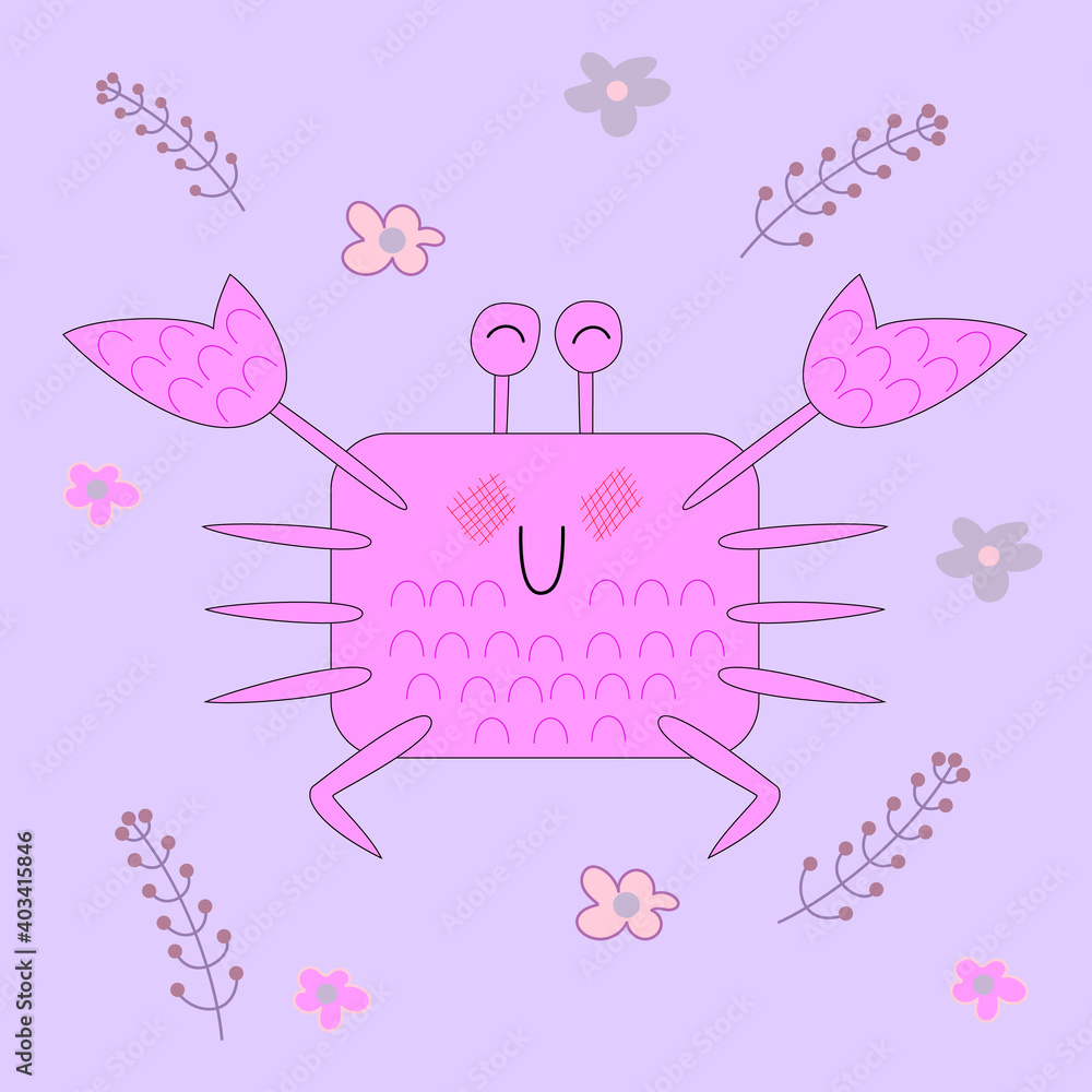 Cute crab with a blush on a background of twigs and flowers. Cartoon emotional sea animal. Vector illustration