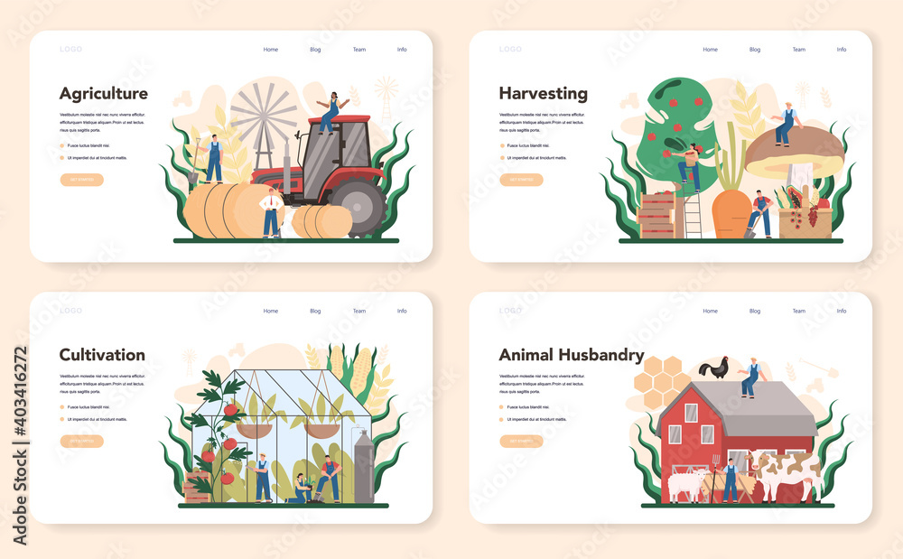 Agriculture web banner or landing page set. Farming food cultivation Agriculture web banner or landing page set. Farming food cultivation