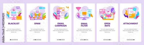 Email campaign, email blacklist and filter, spam check. Mobile app screens, vector website banner template.