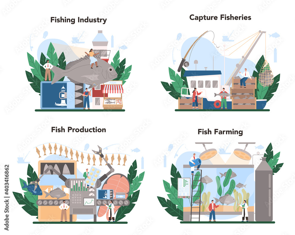 Industrial fishing concept set. Capture fisheries, seafood production Industrial fishing concept set. Capture fisheries, seafood production