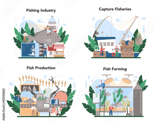 Industrial fishing concept set. Capture fisheries, seafood production