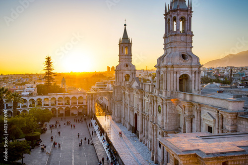 The Basilica Cathedral of Arequipa on sunset photo