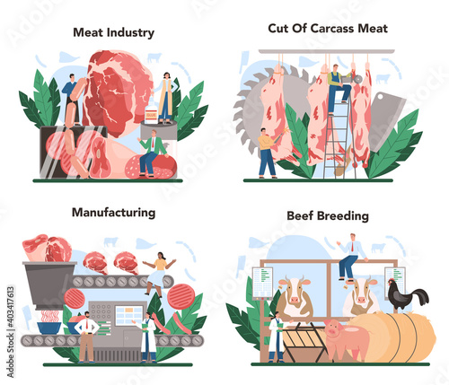 Meat production industry concept set. Butcher or meatman factory