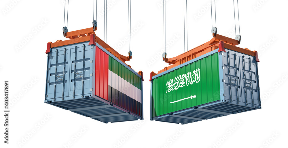 Freight containers with Saudi Arabia and United Arab Emirates national flags. 3D Rendering 