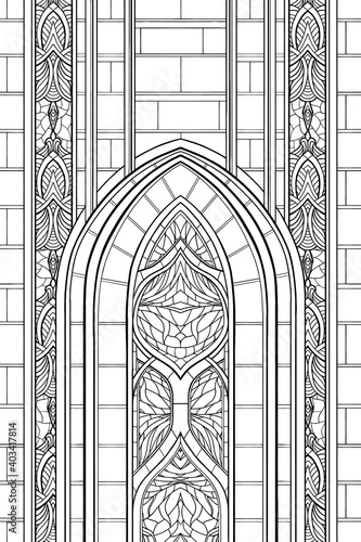 Architectural symmetric abstraction, pointed arch of a Gothic cathedral with patterns, stained glass window of an old church, decorative element of a medieval stone castle, graphic ornament, line art.
