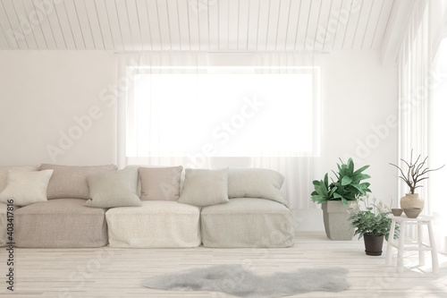 White living room with sofa. Scandinavian interior design. 3D illustration