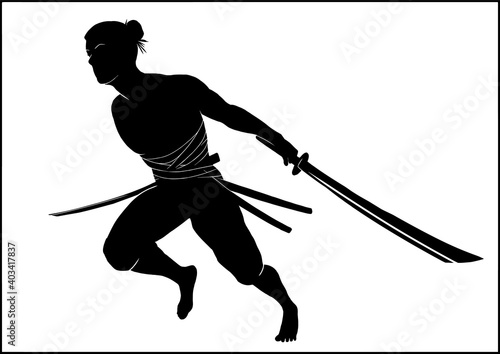 Isolated silhouette running fighter of a full growth with his arms wide open and long swords, martial arts master with a bare torso in bandages and pants, kung fu warrior in dynamic pose, no backdrop.