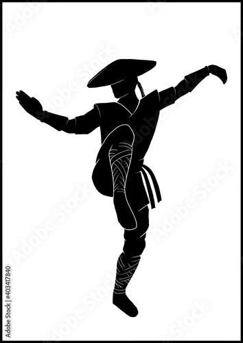 Isolated silhouette of a full growth fighter, martial arts master, kung fu warrior with a pigtail, in a kimono and hat, in a fighting stance with his arms wide open and raised leg, no background.