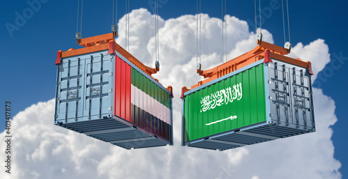 Freight containers with Saudi Arabia and United Arab Emirates national flags. 3D Rendering 