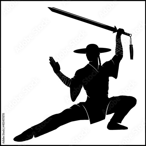 Isolated silhouette of a full growth fighter, martial arts master, kung fu warrior with a pigtail, in a kimono and hat with a long sharp sword, in a fighting stance with a raised hand, no background.