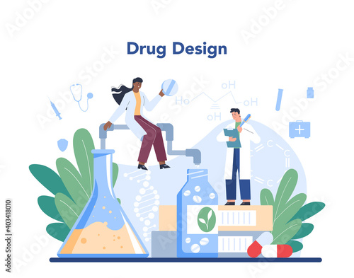 Pharmacy concept. Pharmacist selling drugs in bottle and