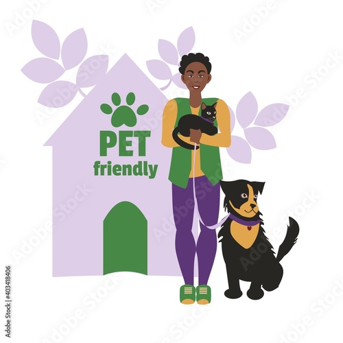 Dark-skinned woman with cat and dog. Background house with pet friendly sign and dog foot print Flat vector illustration