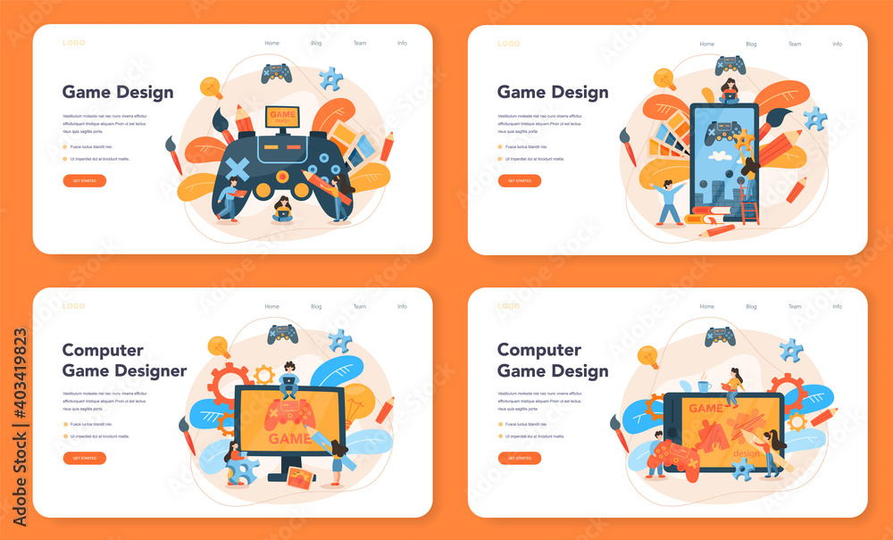 Game designer web banner or landing page set. Creative process