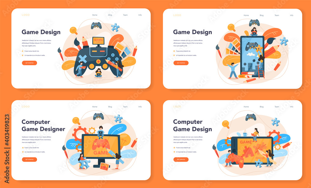 Fototapeta premium Game designer web banner or landing page set. Creative process