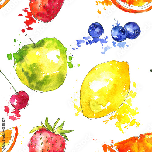 Fototapeta Naklejka Na Ścianę i Meble -  watercolor seamless pattern with drawing fruits