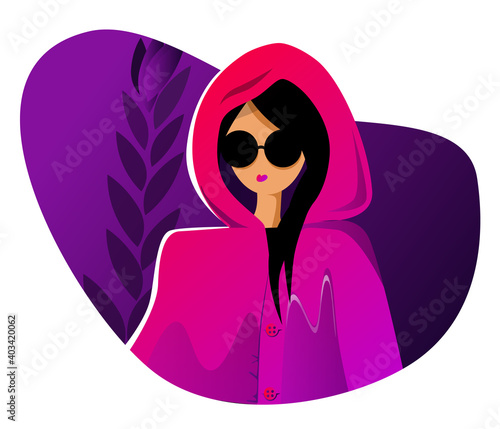 Purple twilight - Elegant girl in pink rainkoat and sunglasses. Vector illustration