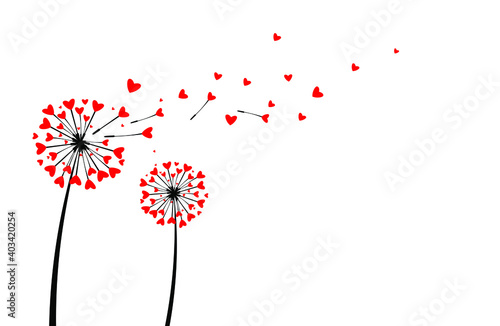 Dandelion flower made of many hearts on a white background. Concept illustration for Valentine's day. Vector graphics