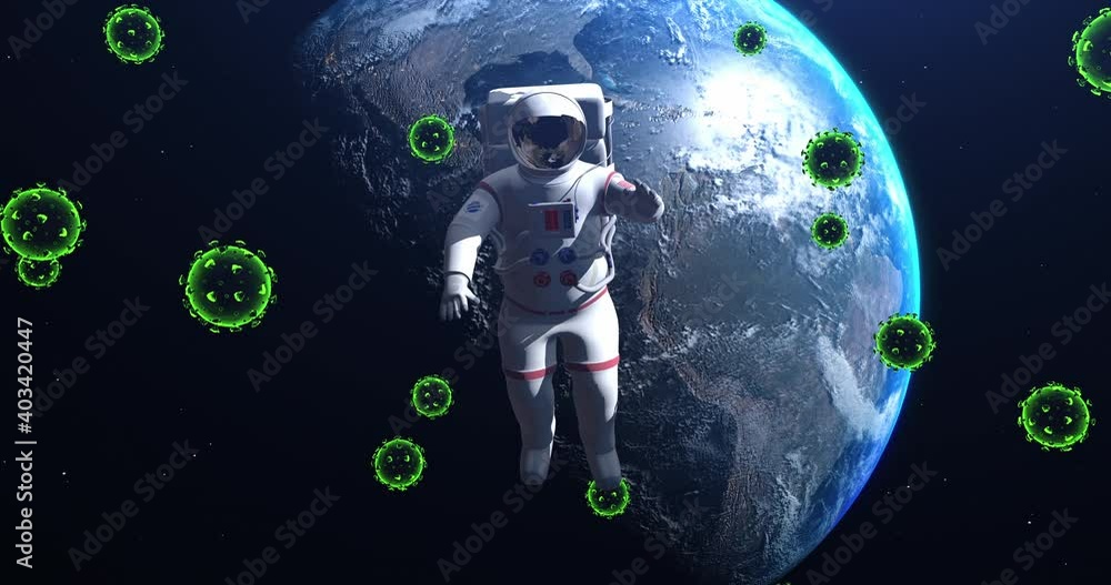 Coronavirus Infected Planet Earth. Pandemic Disease. Dangerous Flu Outbreak. Astronaut Flying Slowly. Virus Related 3D Animation. Coronavirus Infected Planet Earth. Pandemic Disease. Dangerous Flu Outbreak. Astronaut Flying Slowly. Virus Related 3D Animation.